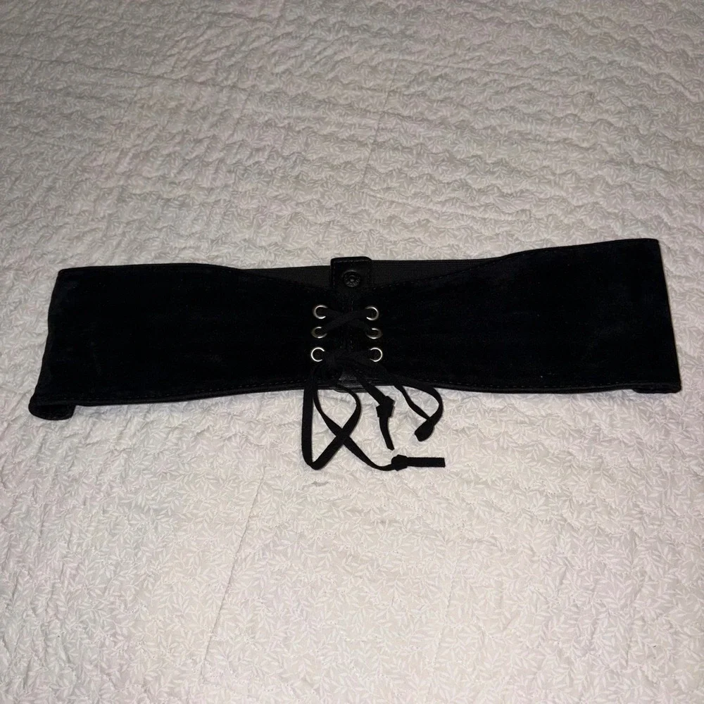 Womens Black Faux Suede Lace Up Corset Elastic Waist Belt Snap Closure 66cm